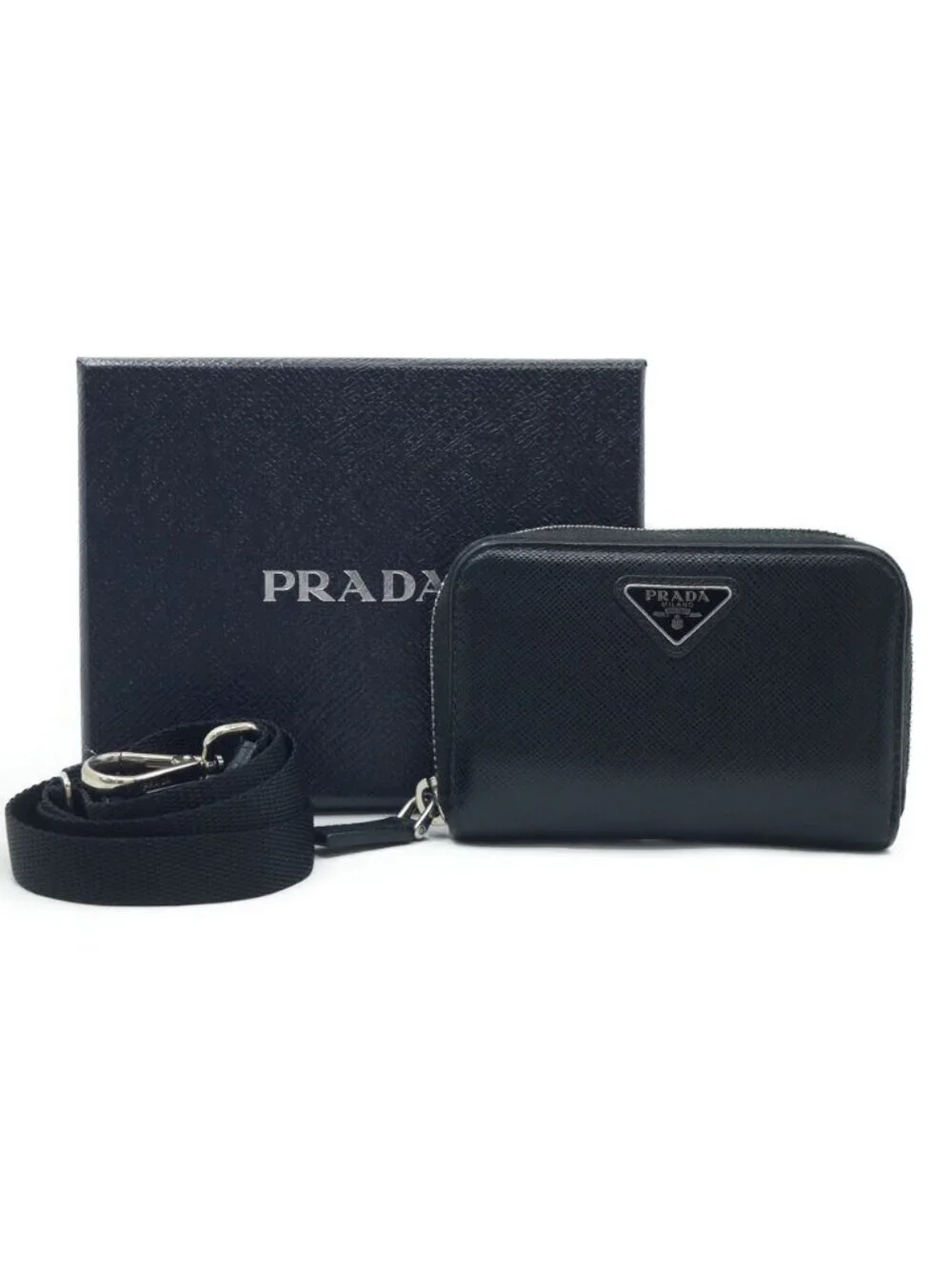 Prada Shoulder Card Slot Coin Purse Leather Coinverse Black Silver